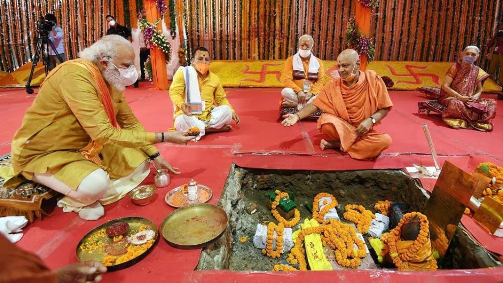 PM Narendra Modi performing Bhoomi Pujan and lays the foundation stone
